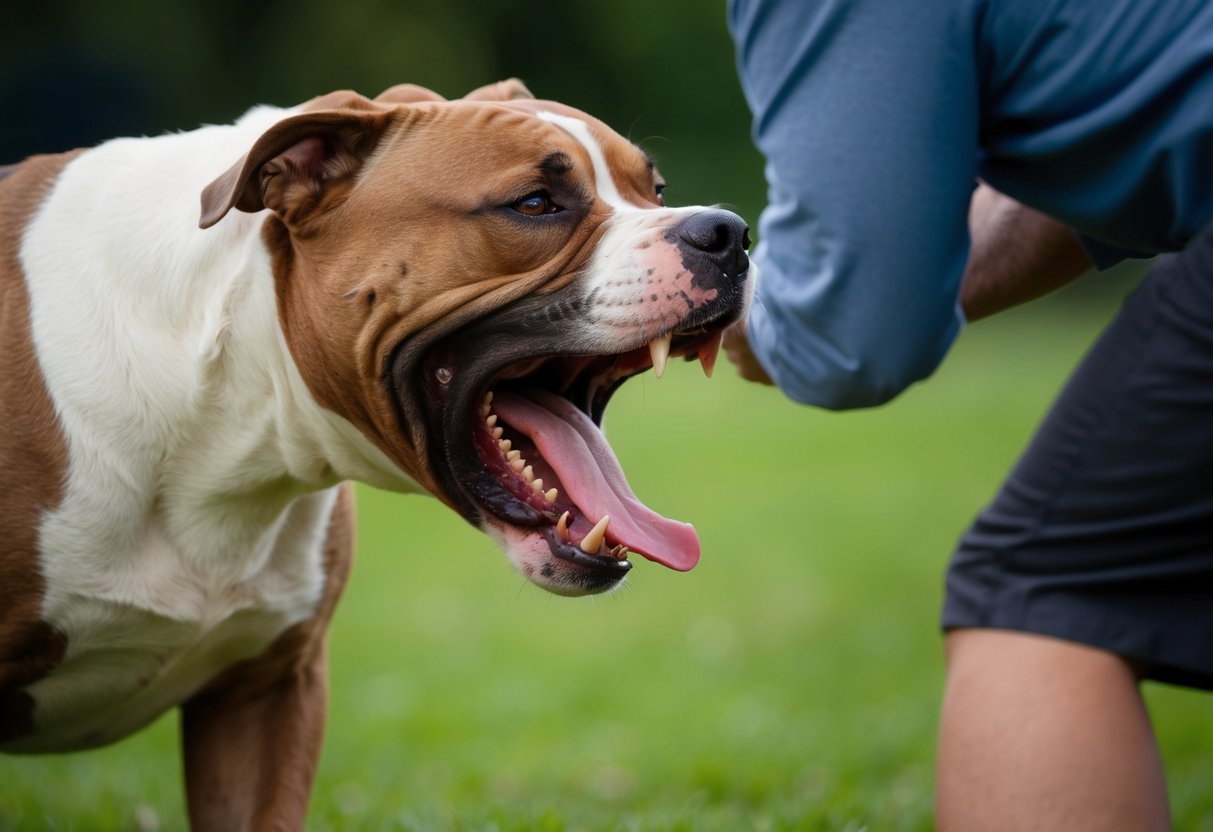 A snarling pit bull lunges toward a figure, teeth bared