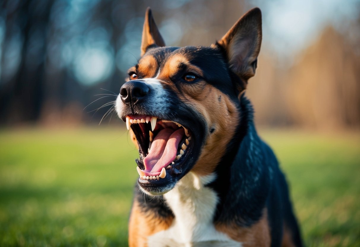 A snarling, aggressive dog with bared teeth and raised hackles, standing in a defensive posture