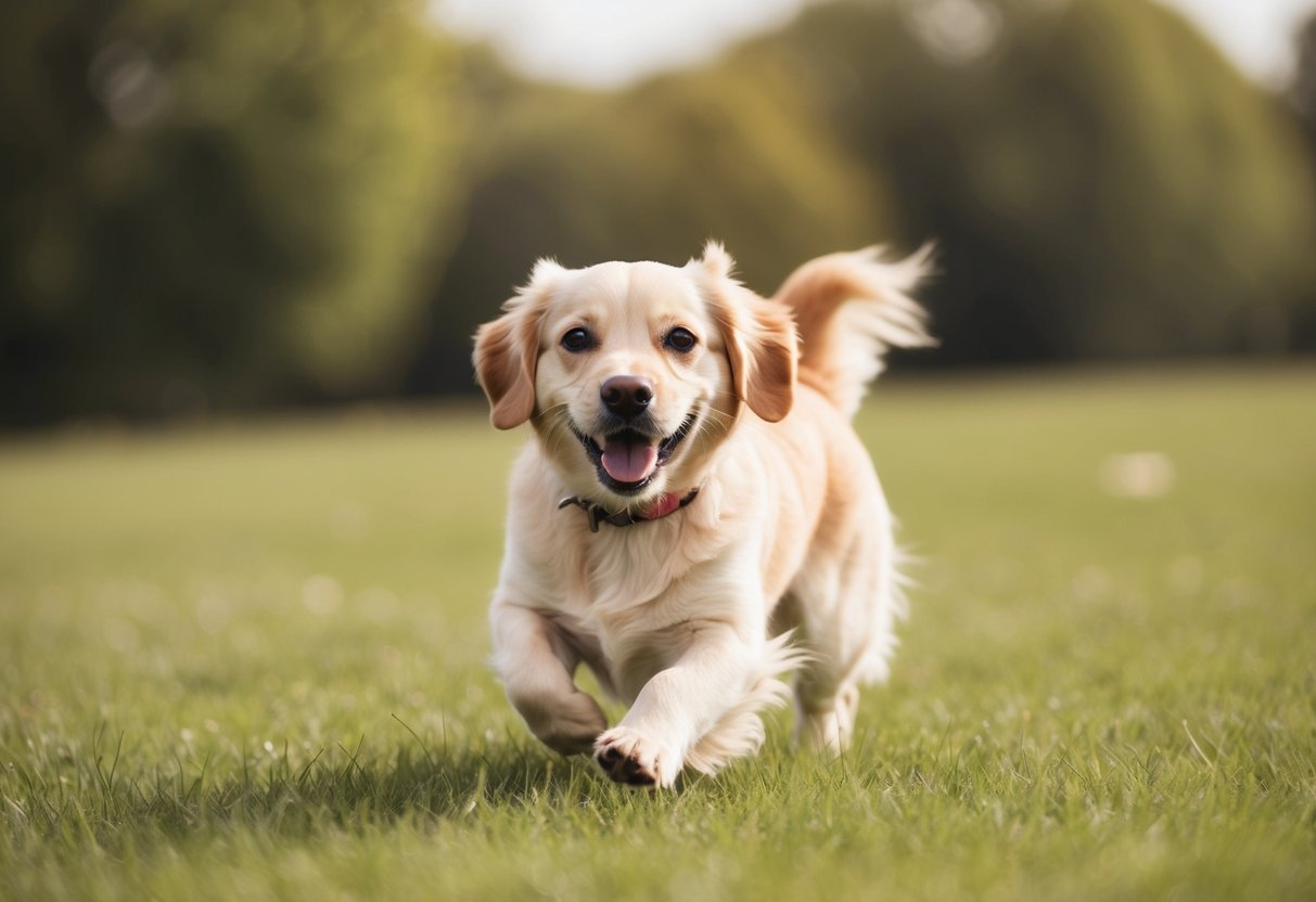 A small dog resembling a golden retriever playing in a grassy field, with a friendly and eager expression on its face