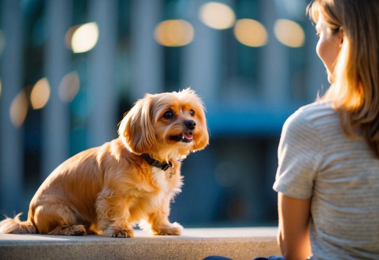 A small, golden-furred dog sits obediently next to its owner, wagging its tail and looking up with a friendly expression