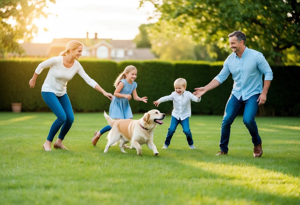 A happy family of four, playing fetch with a golden retriever in a spacious backyard on a sunny day