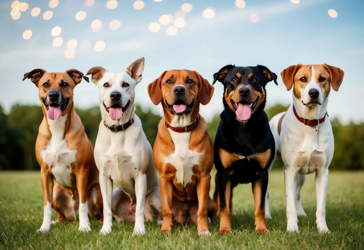 A group of various dog breeds standing side by side, each with unique characteristics and expressions