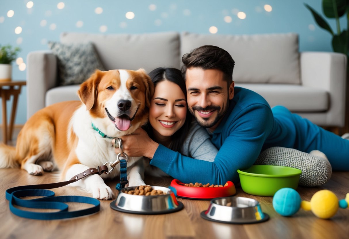 A happy dog owner cuddles with their loyal companion, surrounded by dog care essentials like a leash, food bowl, and toys