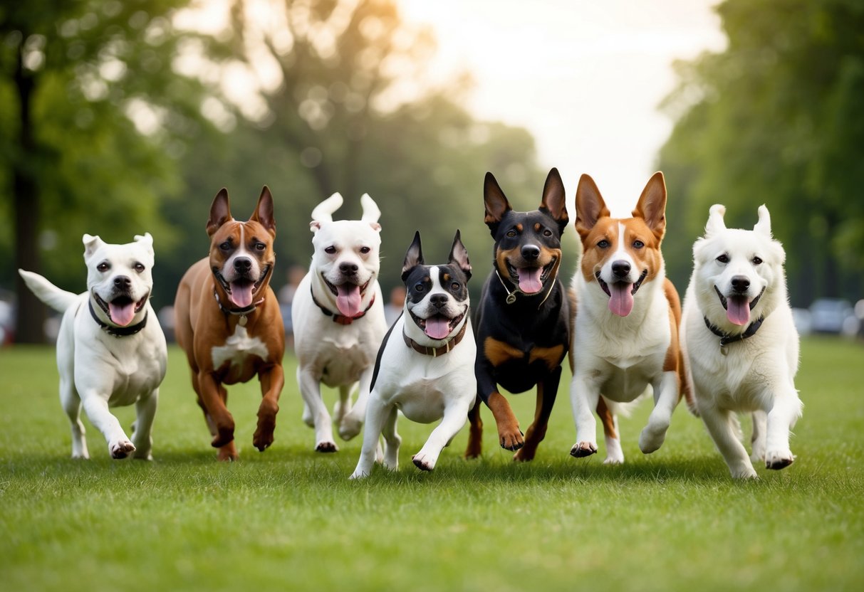 A group of diverse dog breeds playing in a park, showcasing their unique characteristics and personalities