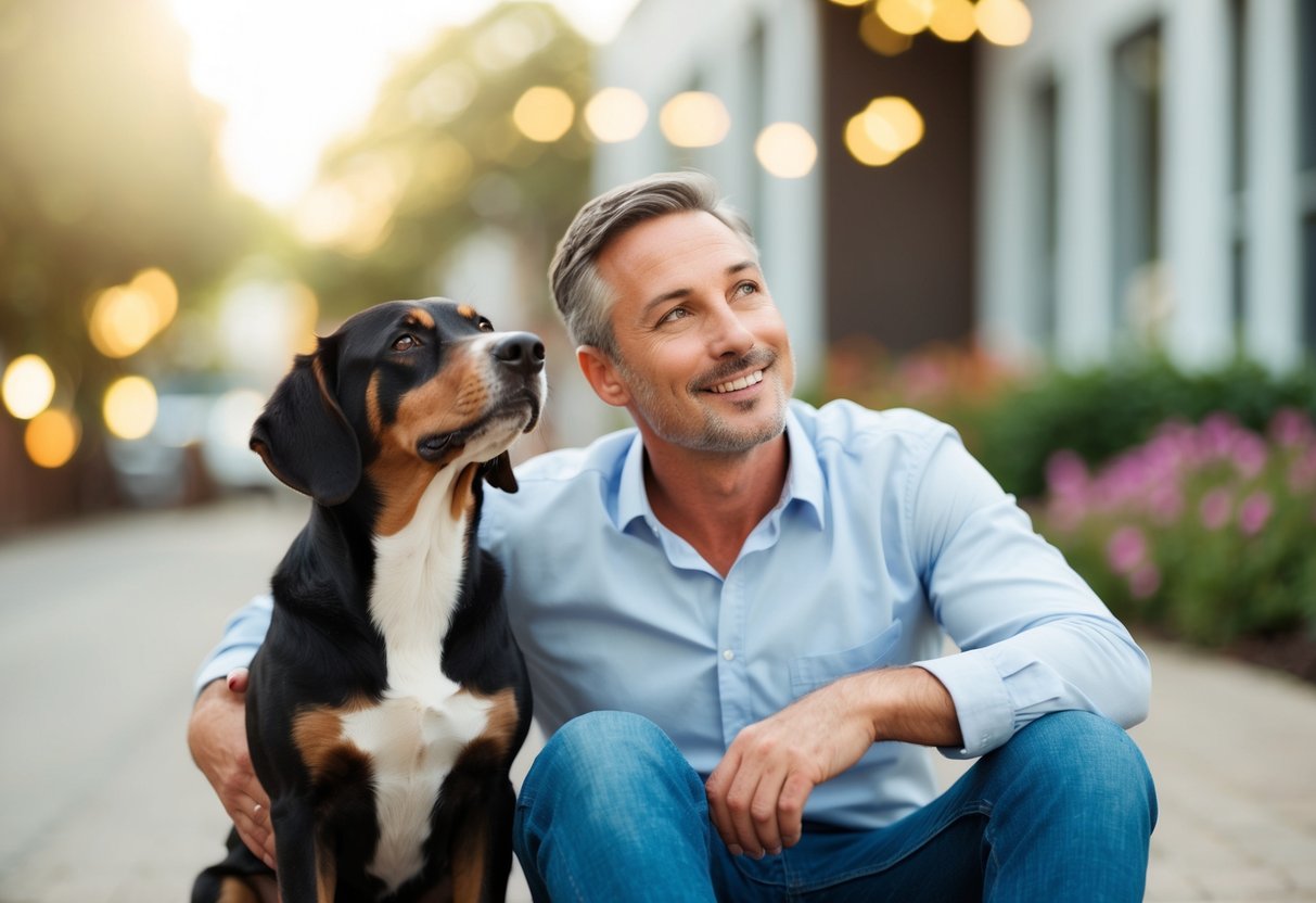 A dog sitting faithfully beside its owner, gazing up at them with unwavering devotion