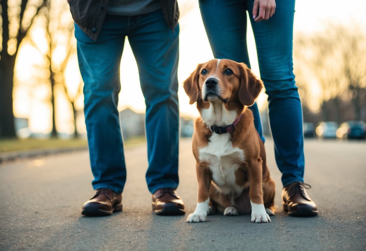 A loyal dog sitting at the feet of its owner, gazing up with adoring eyes