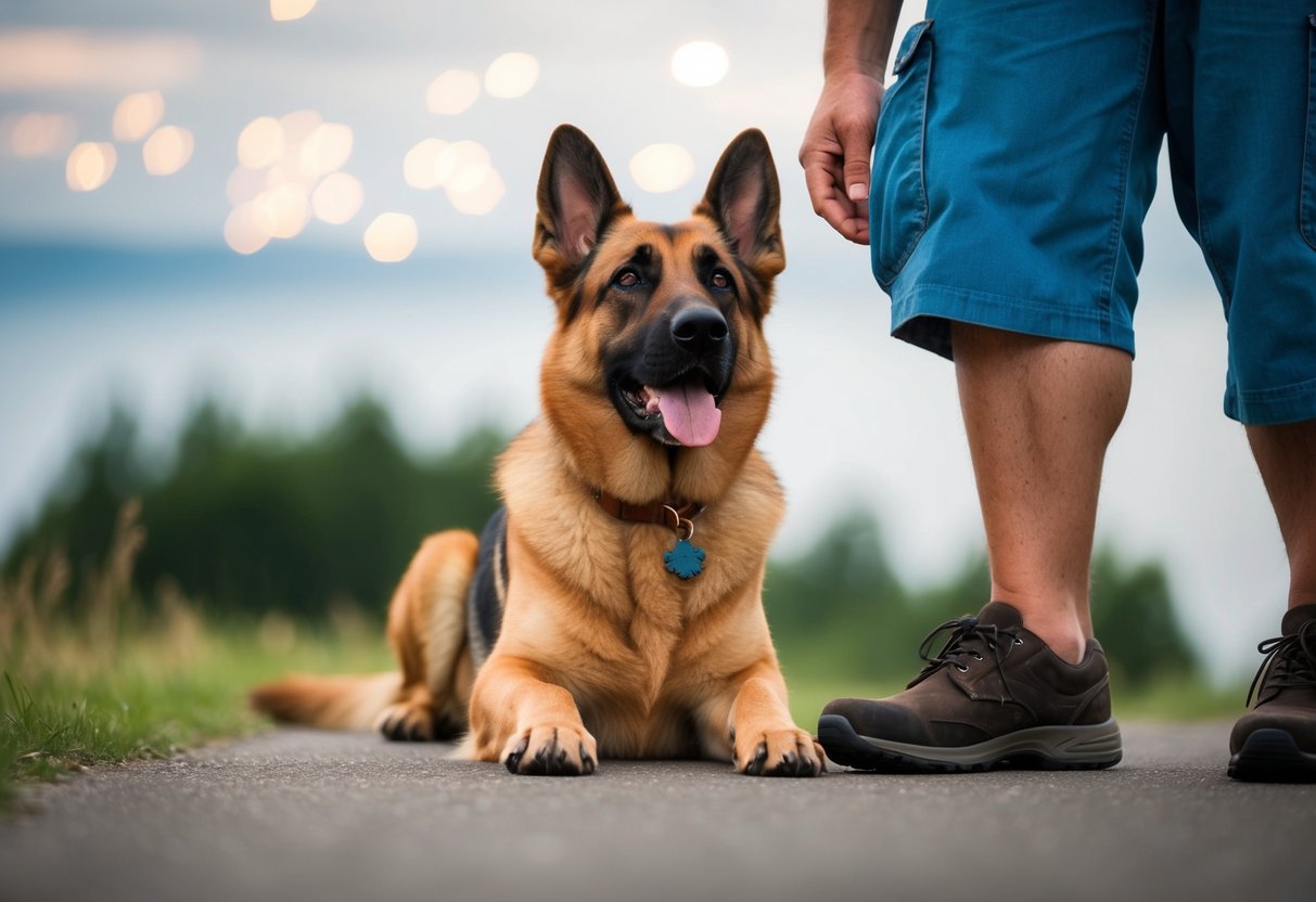 A German Shepherd sits faithfully at the feet of its owner, gazing up with unwavering loyalty