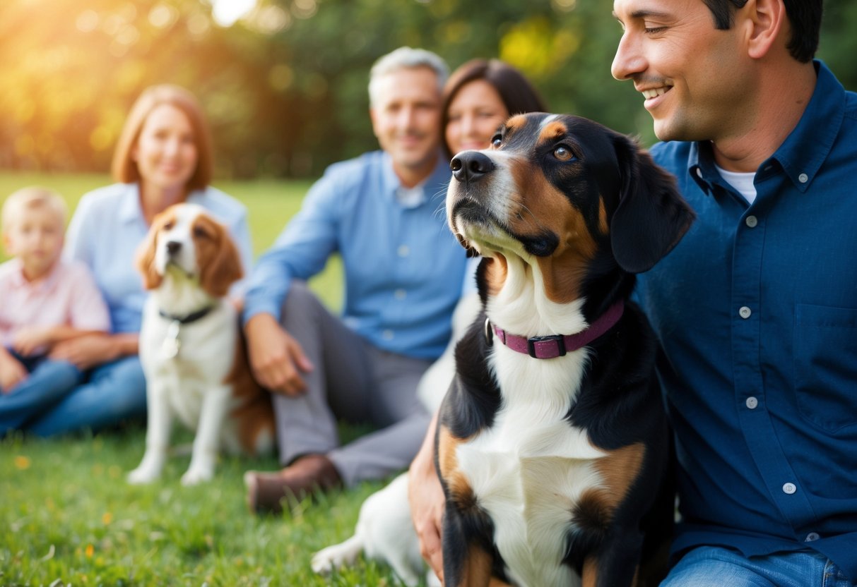 A loyal dog sitting beside one person, gazing up at them with adoring eyes while the rest of the family is in the background, looking somewhat ignored