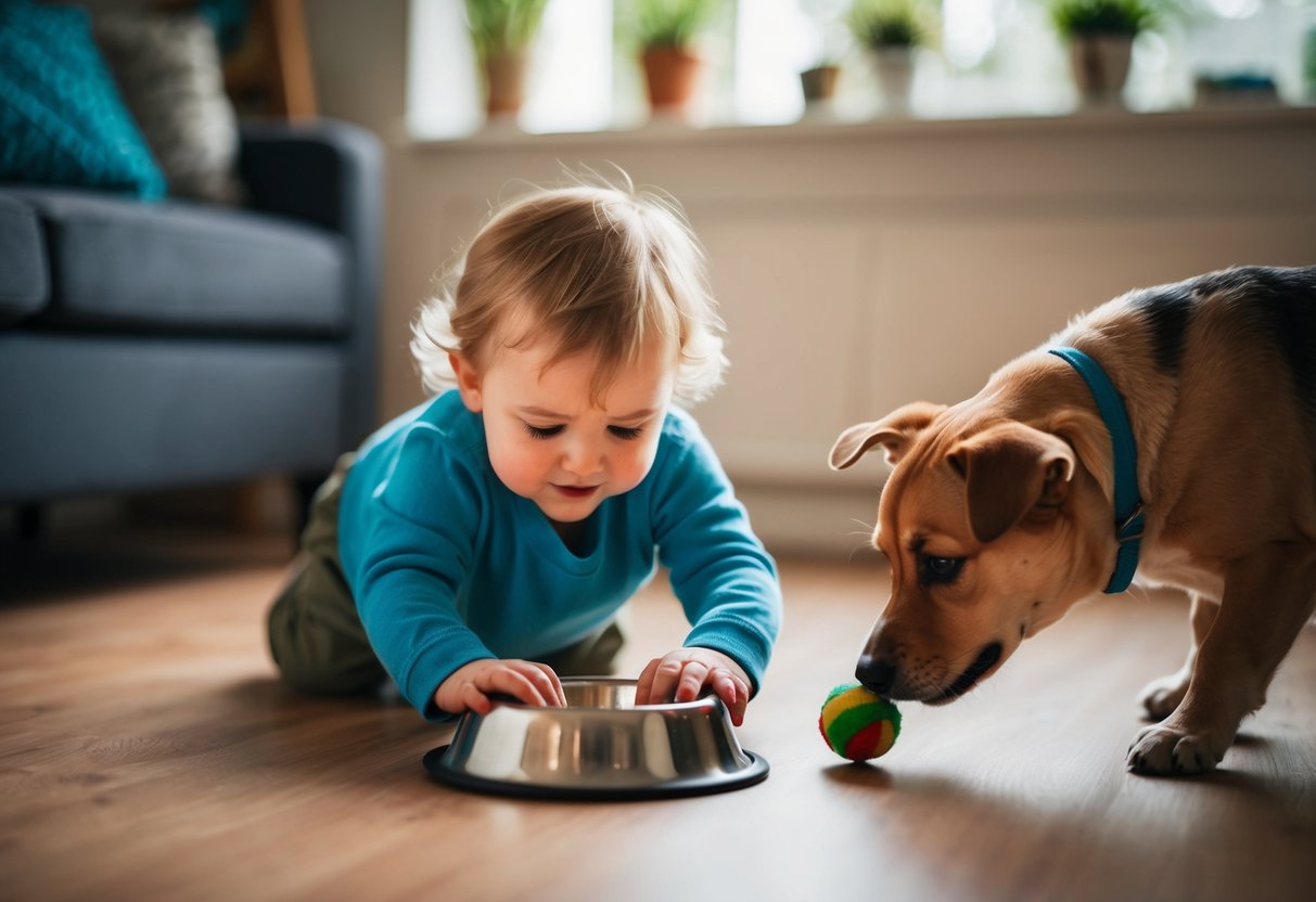 A small child reaching for a toy near a dog's food bowl