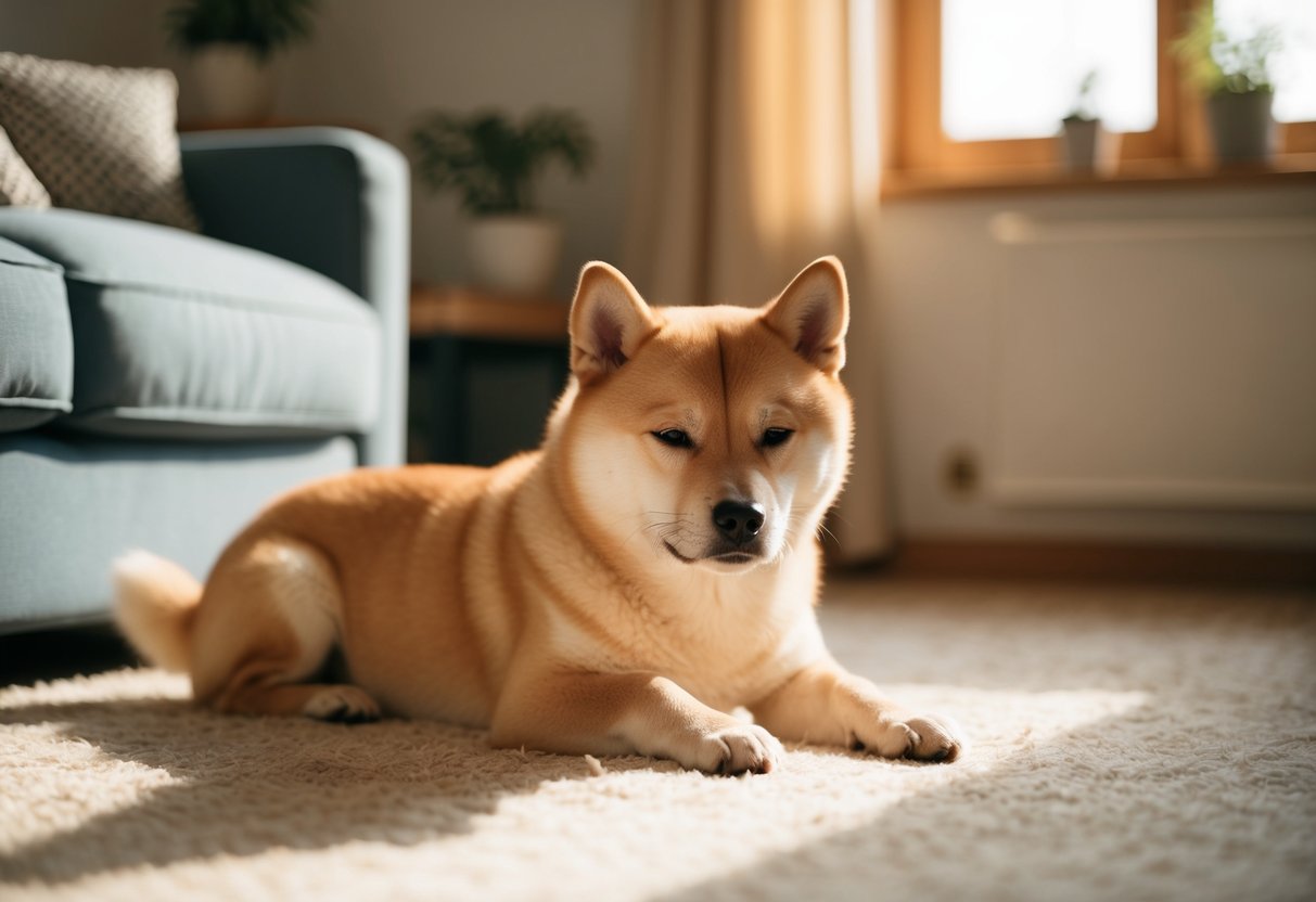 A small, calm Shiba Inu lies peacefully in a cozy, sunlit room