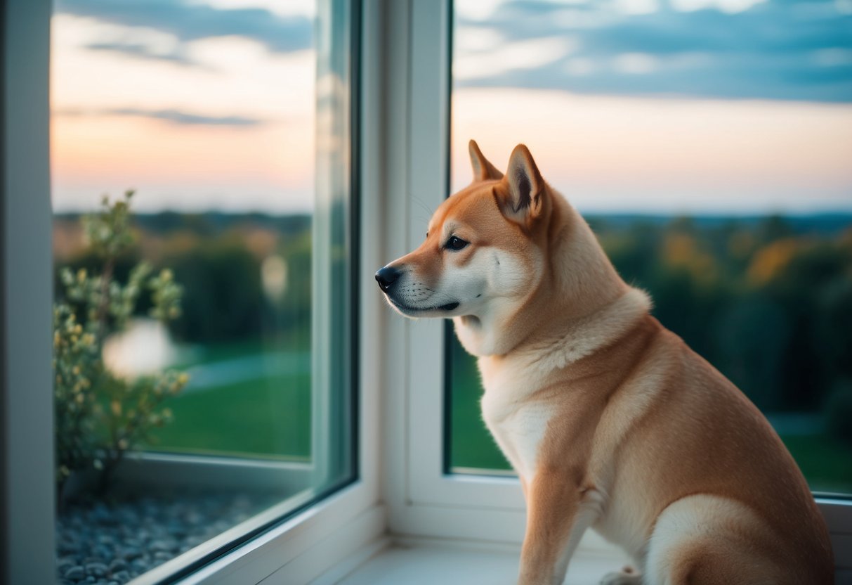 A serene Shiba Inu sits calmly by a window, gazing out at the peaceful landscape