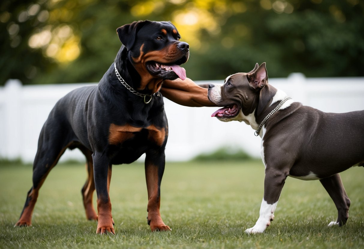 A muscular Rottweiler stands confidently, flexing its powerful frame, challenging the dominance of a pitbull