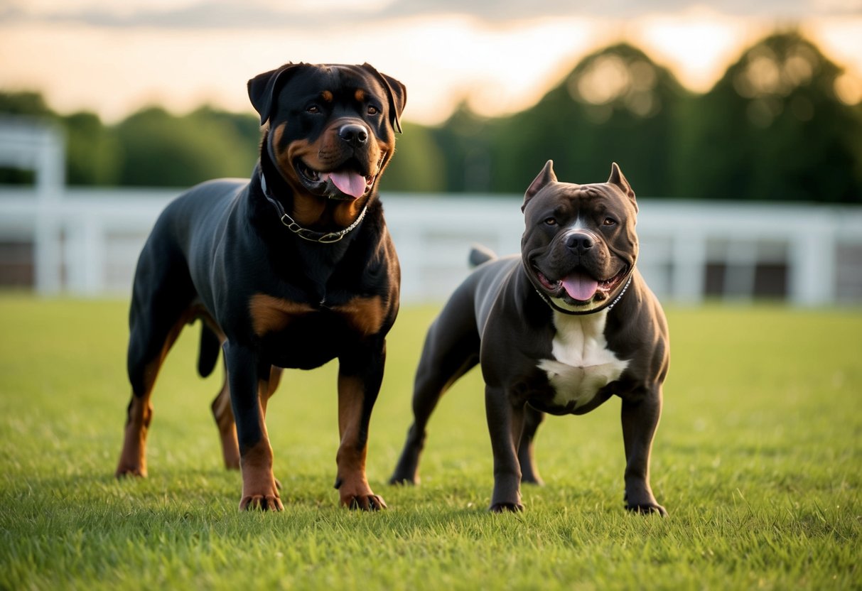 A muscular Rottweiler stands confidently, showcasing its strength compared to a pitbull