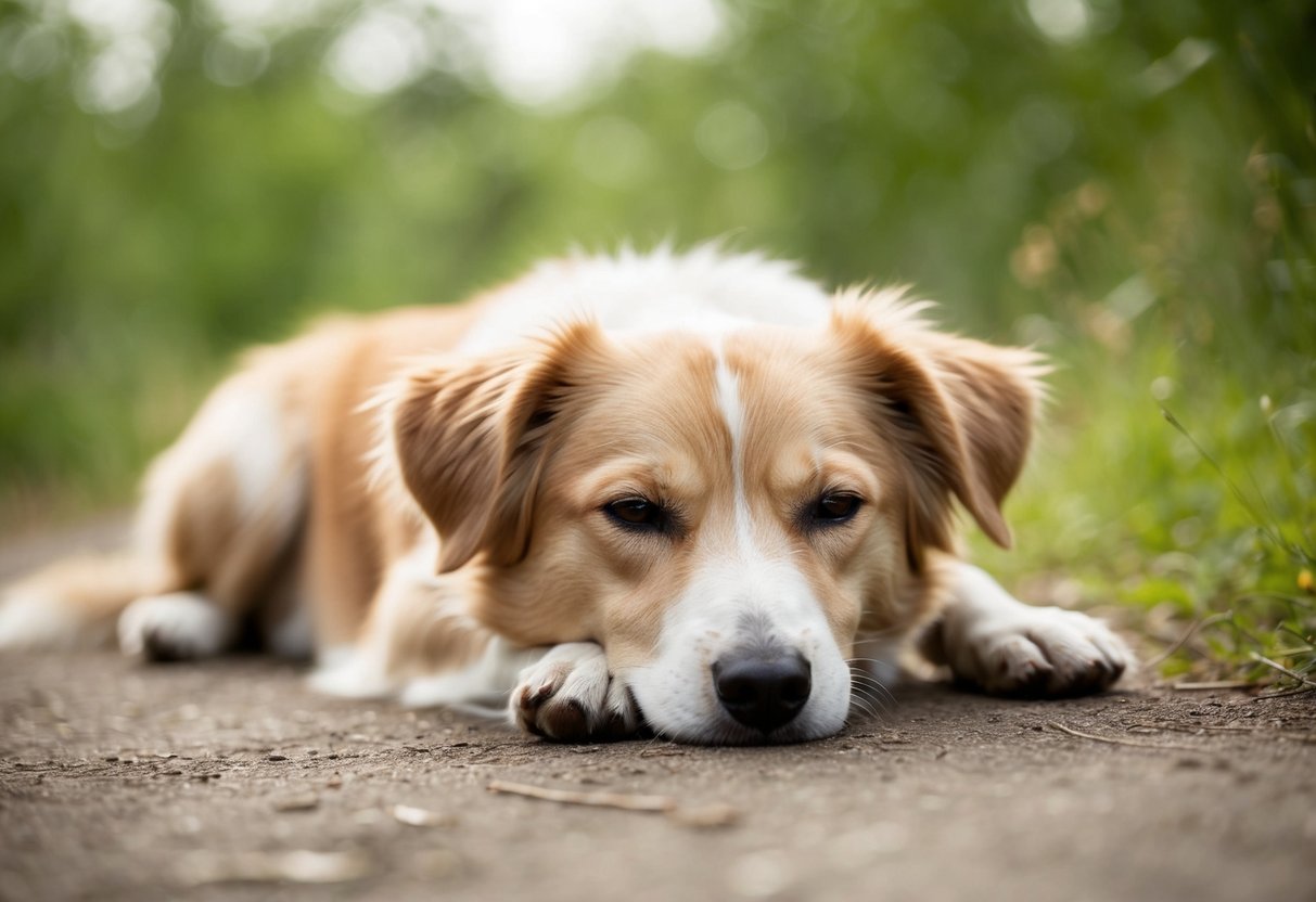 A peaceful, tranquil dog resting in a serene natural setting