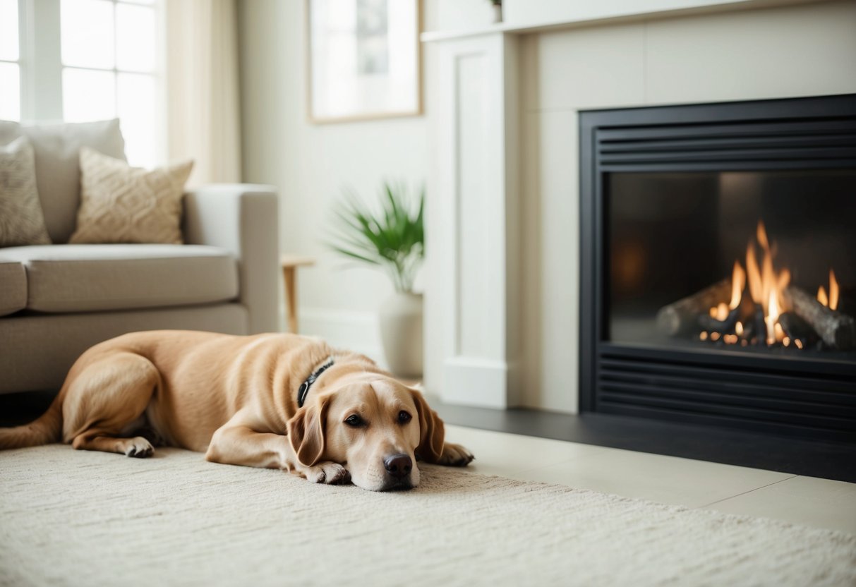 A serene, peaceful home with a content, tranquil dog lying calmly by the fireplace