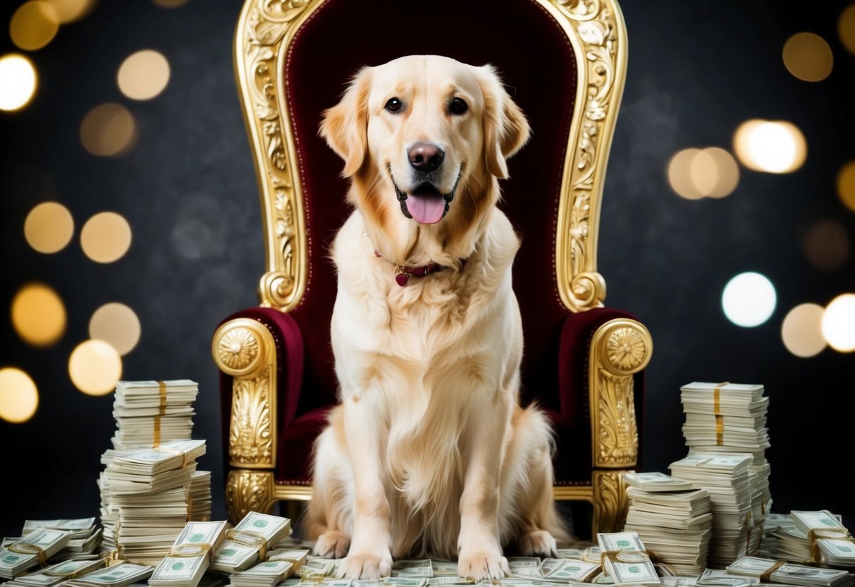 A golden retriever sits on a luxurious throne surrounded by stacks of money and expensive items