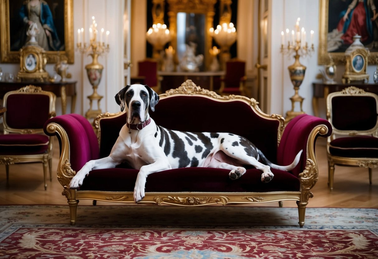 A grand estate with a regal Great Dane lounging on a velvet chaise surrounded by opulent decor and priceless heirlooms