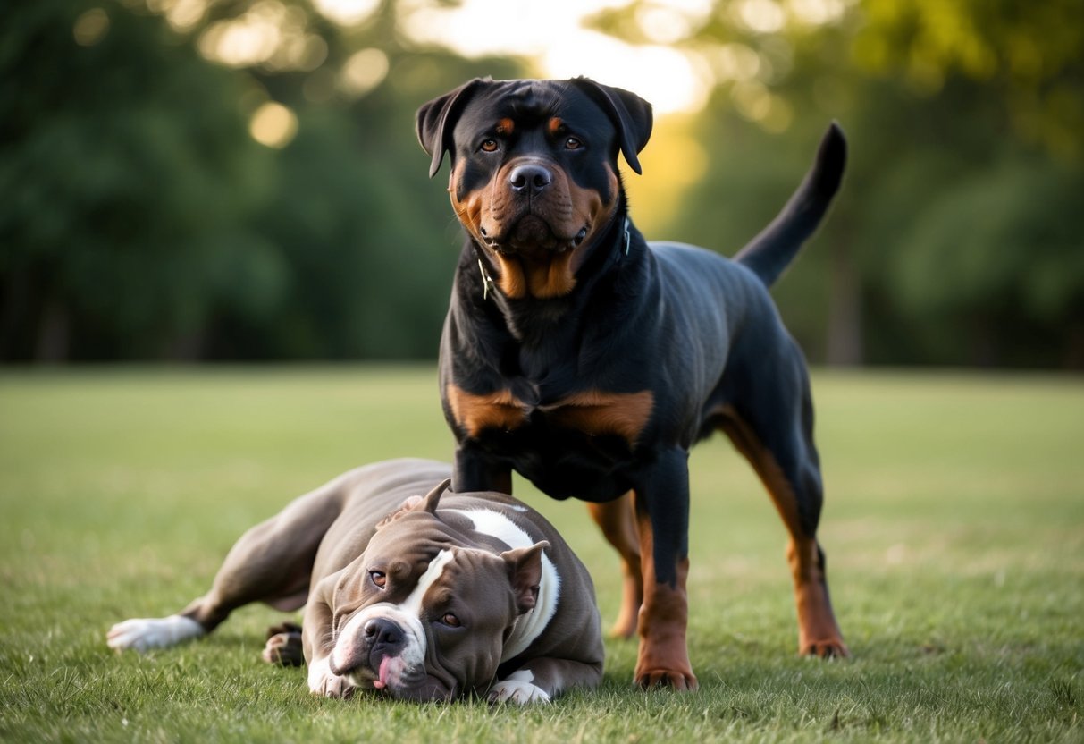 A muscular Rottweiler confidently stands over a fallen pitbull, displaying its dominance with a powerful stance and intense gaze