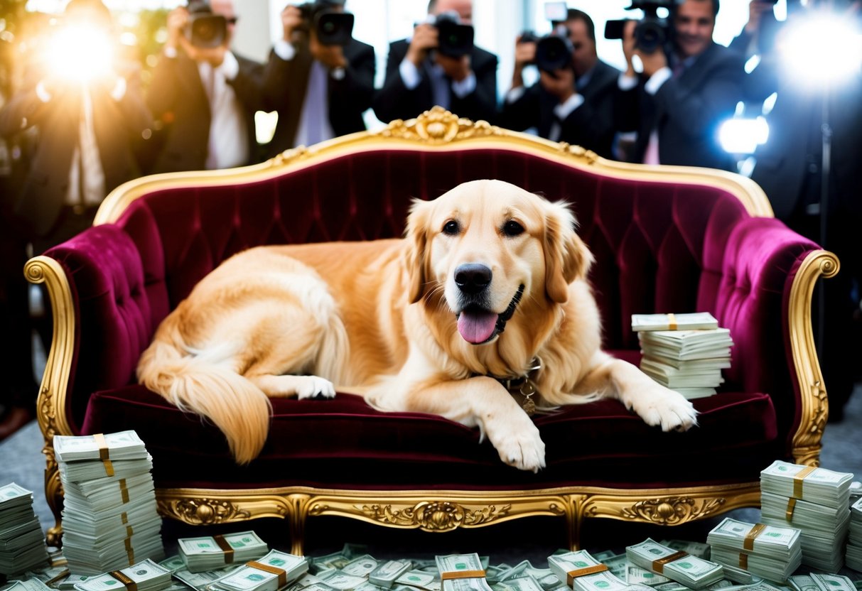 A golden retriever lounges on a luxurious velvet couch surrounded by stacks of cash and expensive jewelry, while paparazzi cameras flash in the background