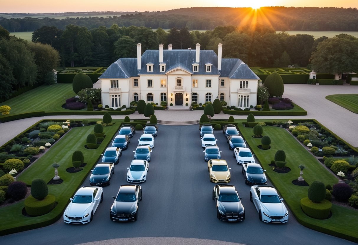 A large, luxurious mansion surrounded by sprawling gardens and a fleet of expensive cars parked in the driveway