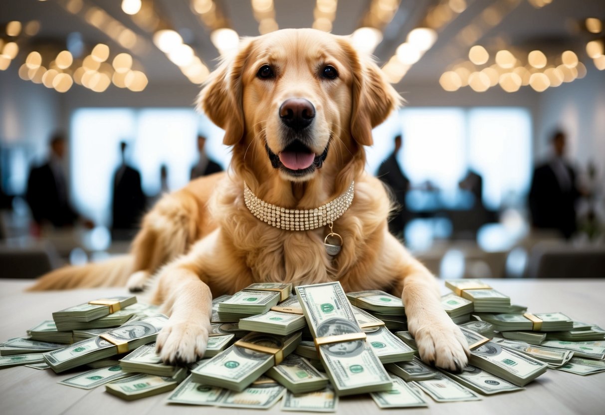 A golden retriever wearing a diamond-studded collar, surrounded by piles of money and expensive items