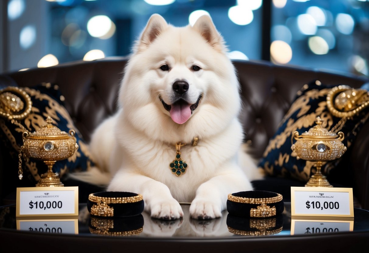 A luxurious setting with a regal-looking dog breed, such as a Samoyed or Chow Chow, surrounded by opulent accessories and a price tag of $10,000