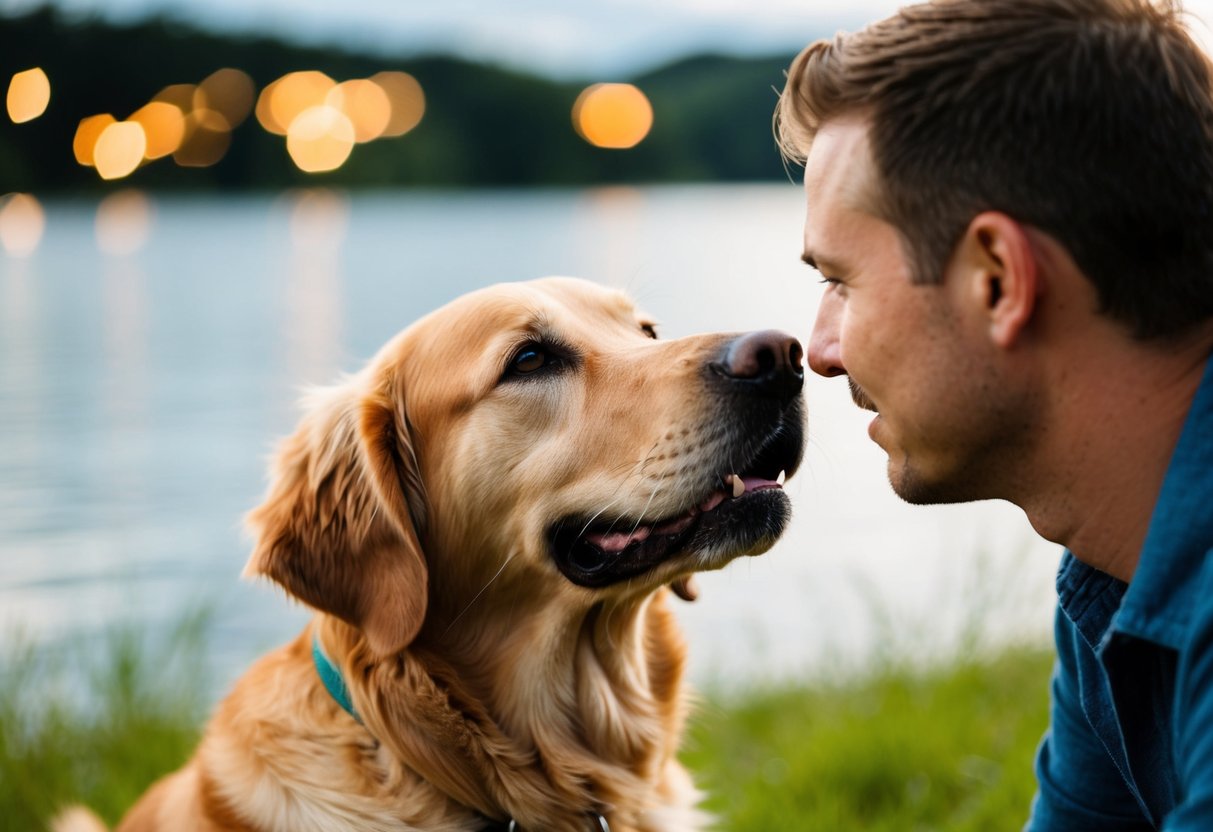 A golden retriever sits obediently at attention, gazing up at its owner with a devoted expression