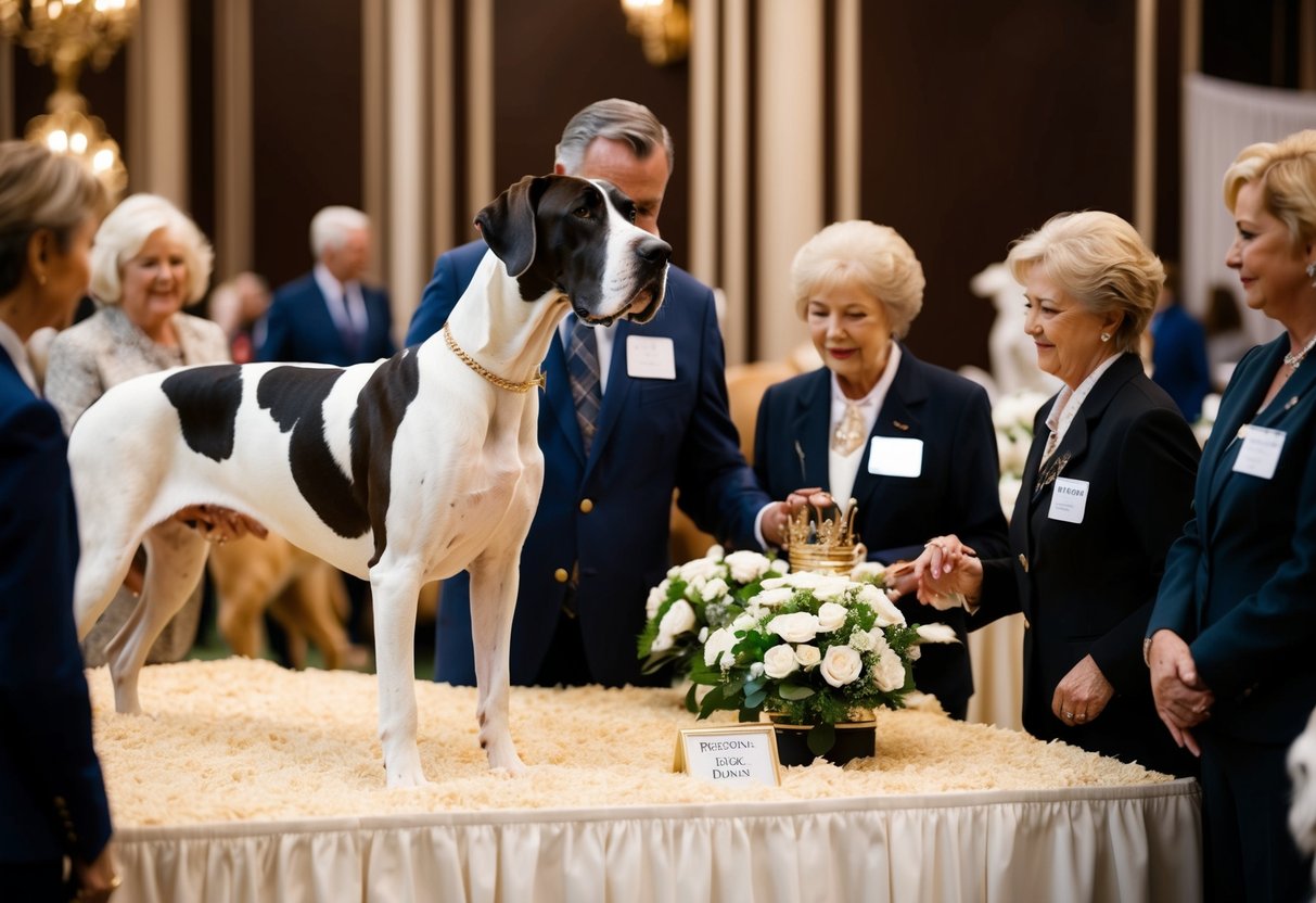 A luxurious dog show with a regal Great Dane being admired by potential owners. The dog exudes elegance and prestige, surrounded by opulent decor