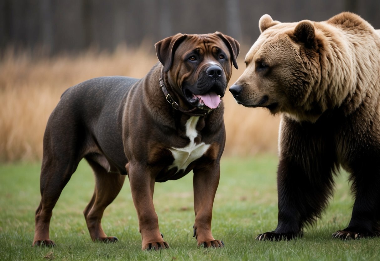 A large, muscular mastiff stands confidently facing off against a bear, its powerful stance and determined expression conveying its strength