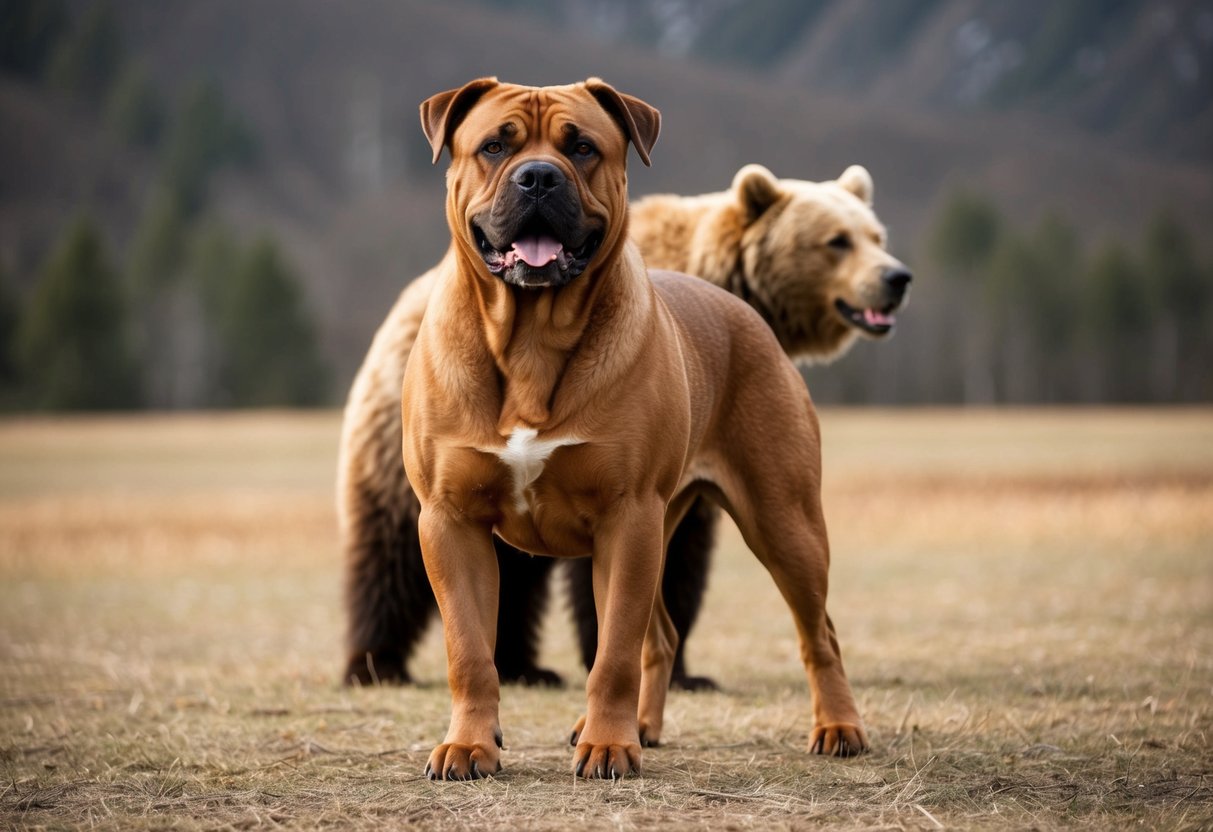 A large, muscular dog standing confidently in front of a bear, showcasing its strength and dominance