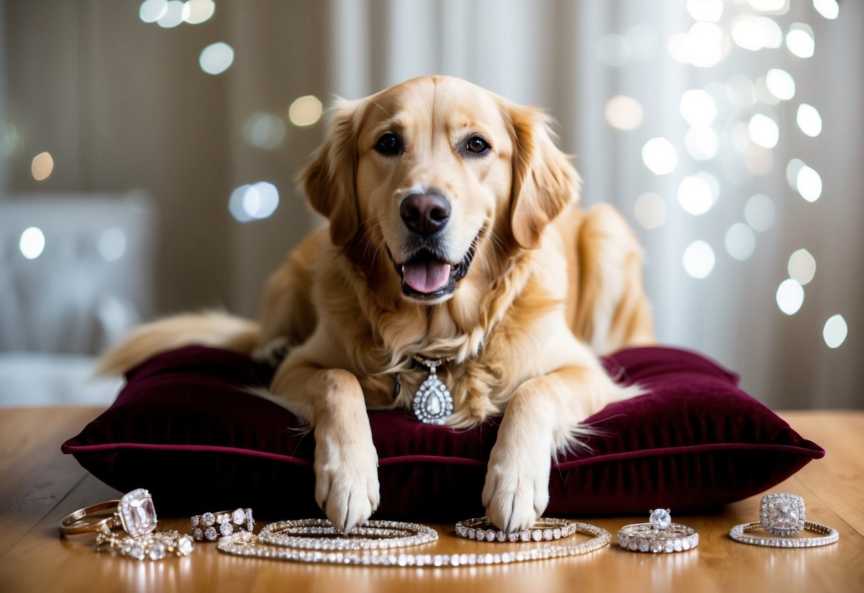 A golden retriever sits on a velvet cushion surrounded by sparkling jewels and diamonds, looking regal and content