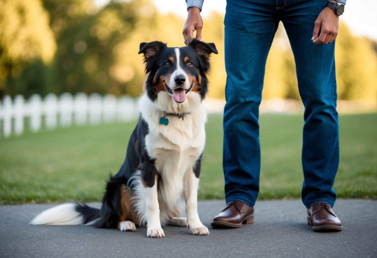 A border collie sits attentively at its owner's feet, eagerly awaiting the next command