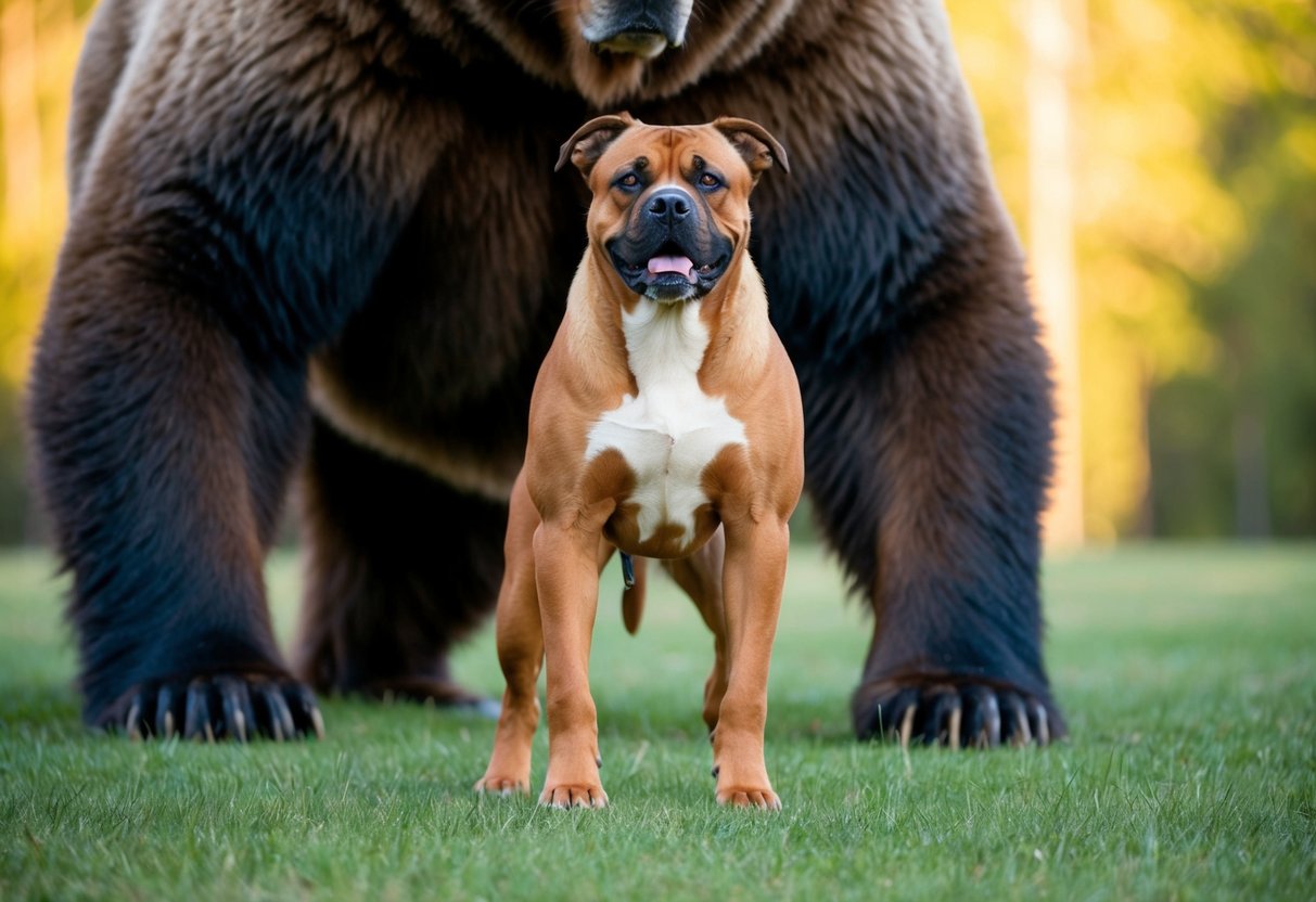 A large, muscular dog stands defiantly in front of a towering bear, showcasing its strength and power