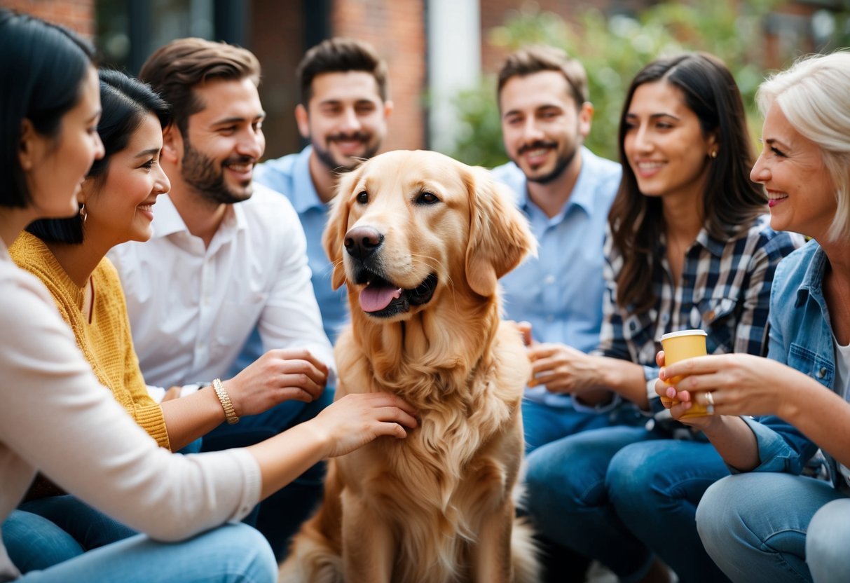 A Golden Retriever sits attentively next to its owner, surrounded by a group of people engaged in conversation and activities