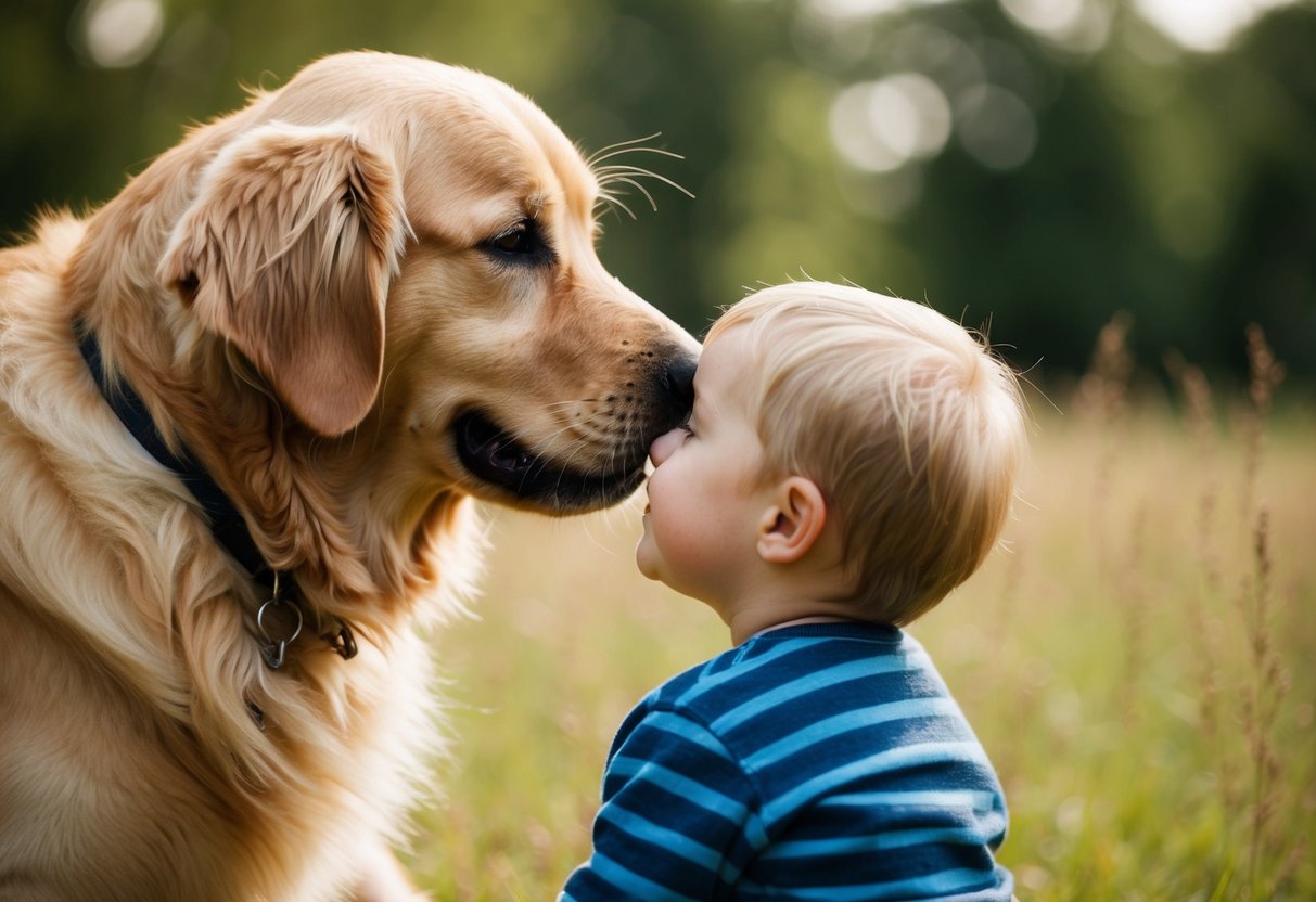 A golden retriever nuzzling a small child's face