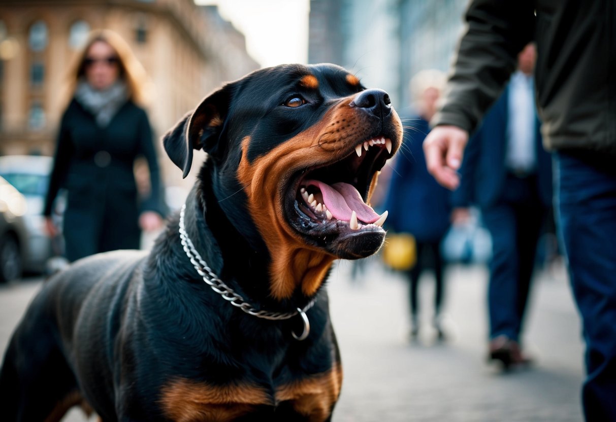 A snarling Rottweiler bares its teeth, ears pinned back, as it growls at a passing stranger