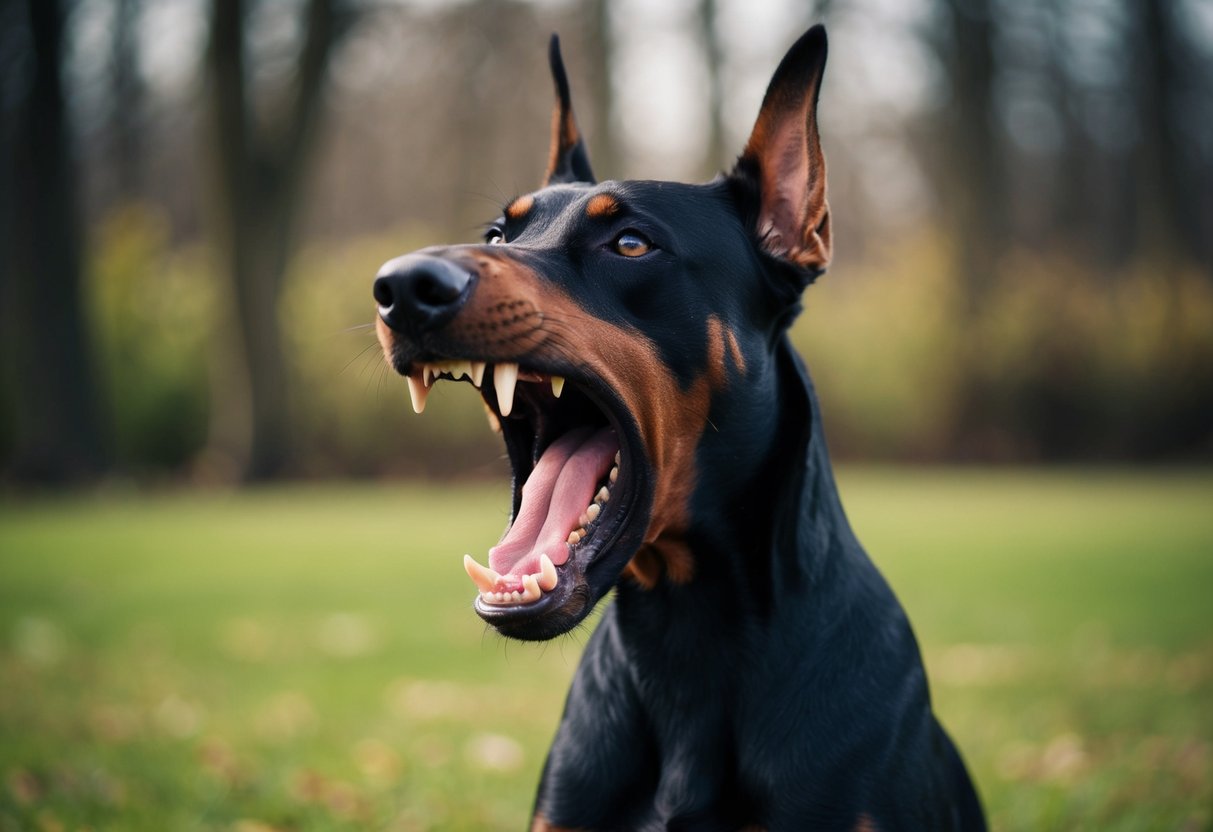 A snarling, growling Doberman bares its teeth, ears pinned back in aggression