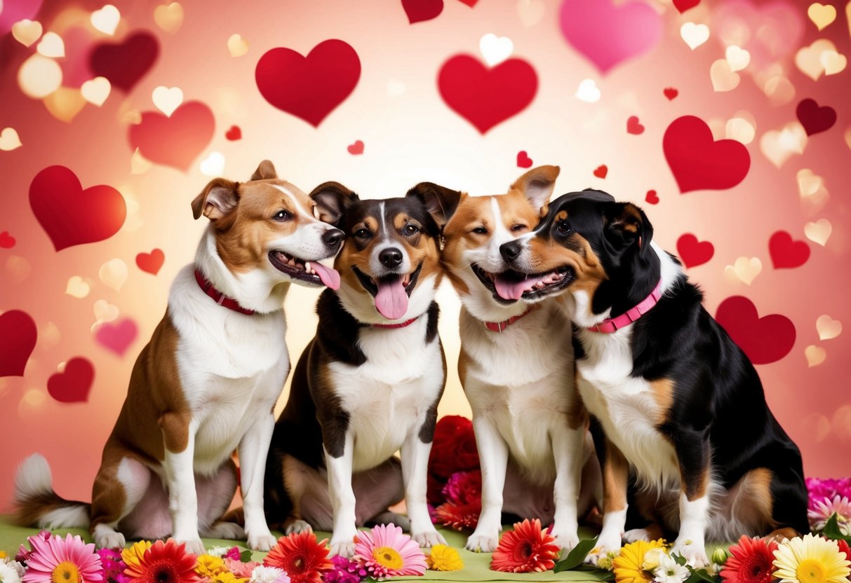 A group of dogs surrounded by hearts and flowers, wagging tails and nuzzling each other affectionately