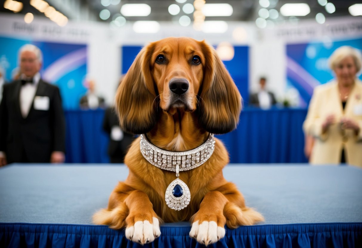 A luxury dog show with a rare, diamond-encrusted collar on a regal, purebred Afghan Hound