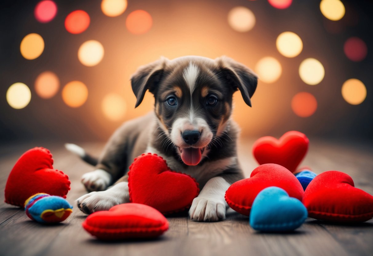 A playful puppy surrounded by heart-shaped toys and surrounded by a warm, loving glow