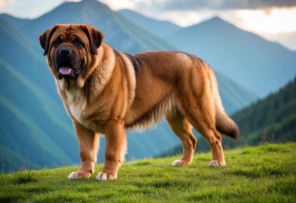 A majestic Tibetan Mastiff stands proudly on a lush mountain landscape, its thick fur and powerful build exuding a sense of regal worth