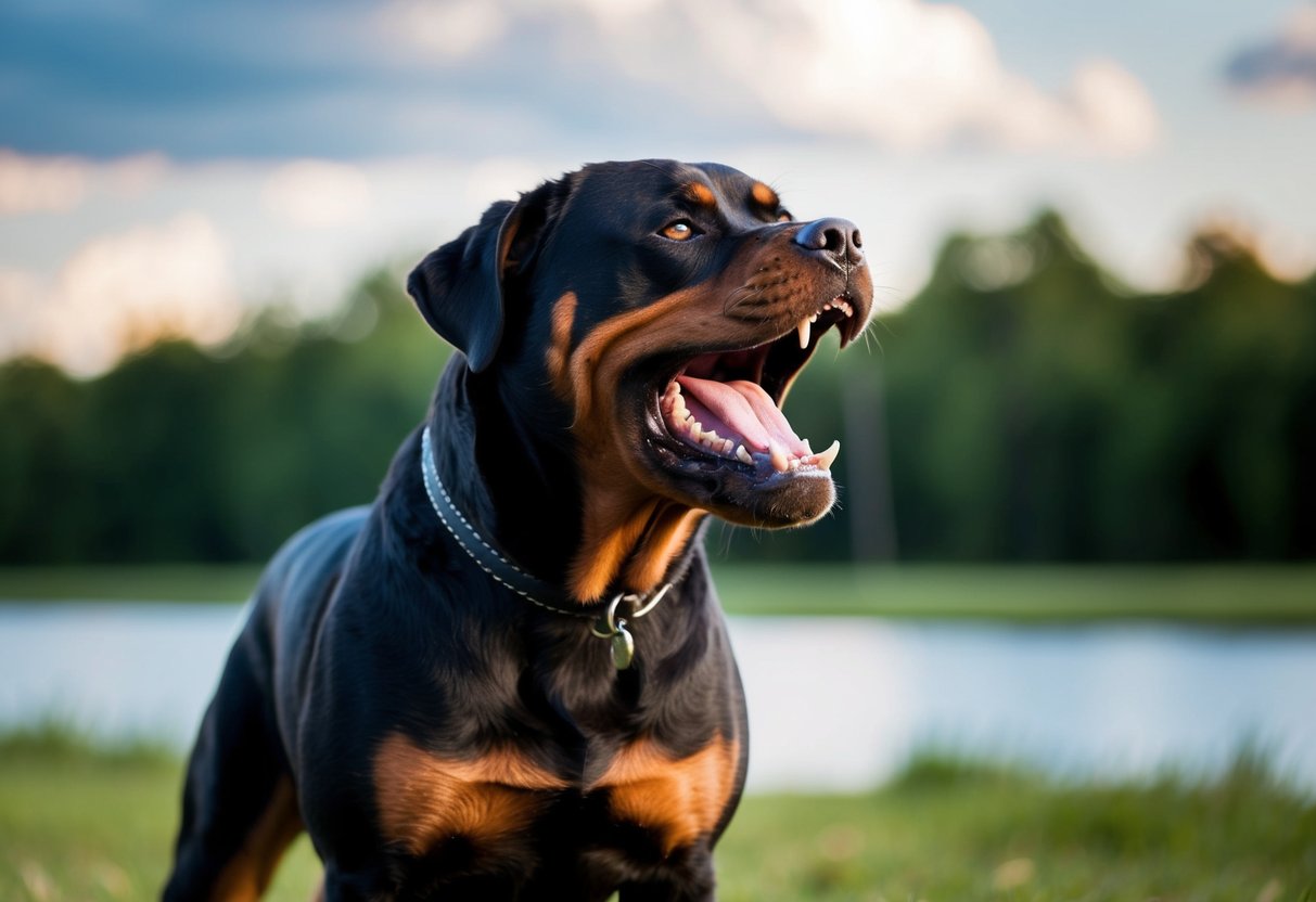 A snarling Rottweiler stands with a stiff posture, baring its teeth and growling at a distance