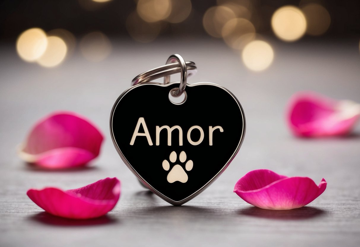 A heart-shaped dog tag with the name "Amor" engraved on it, surrounded by rose petals and a paw print