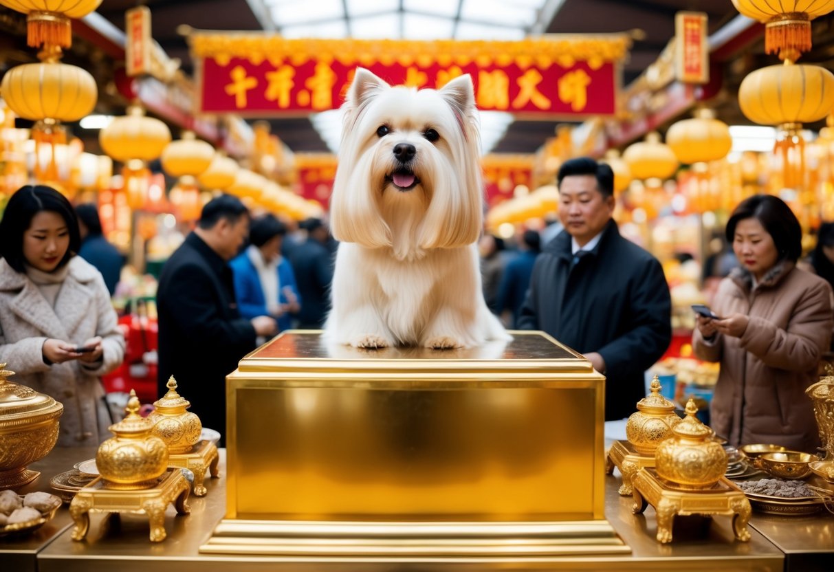 A luxurious dog breed is showcased on a golden pedestal at a bustling Chinese market, surrounded by opulent decor and wealthy buyers