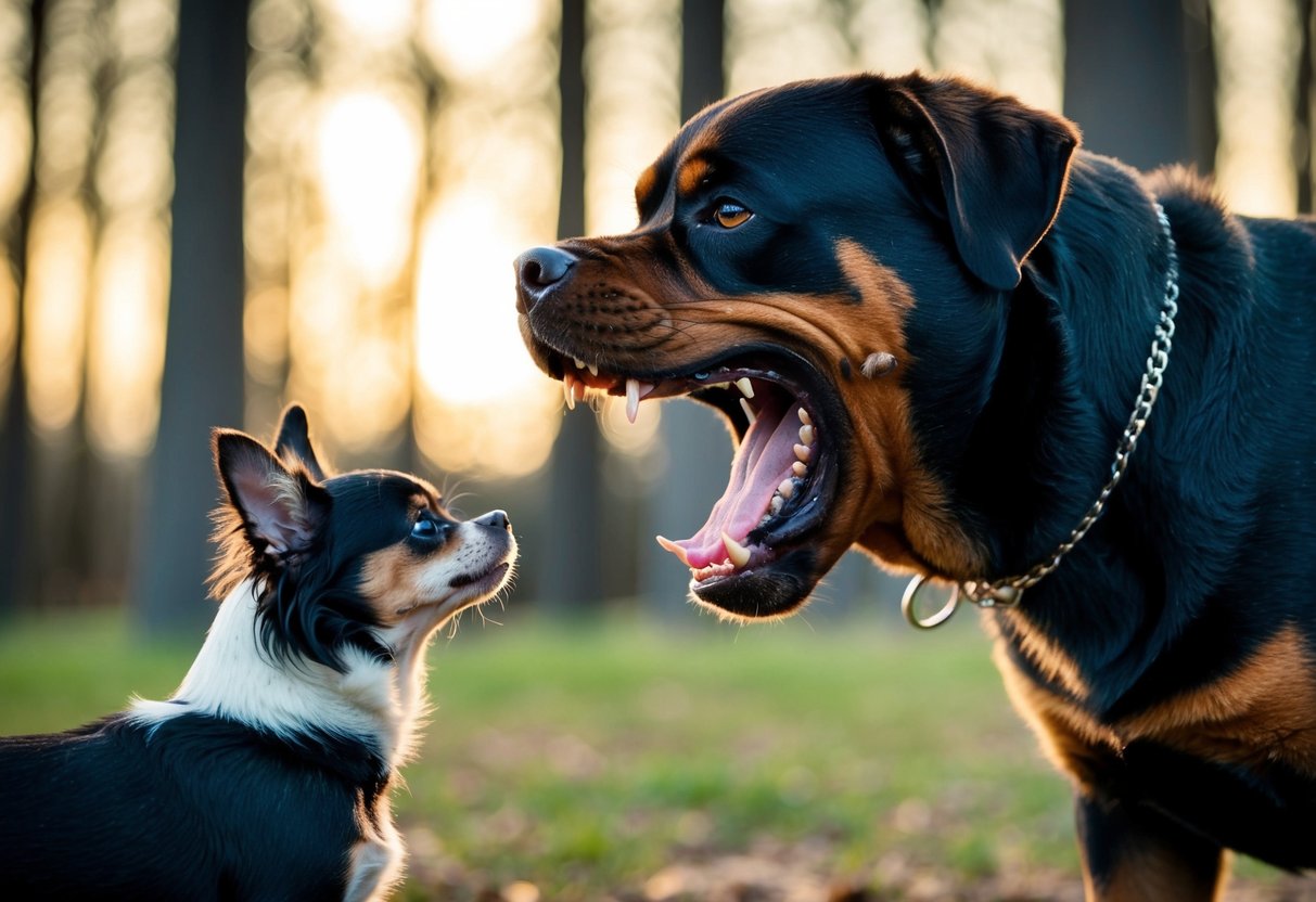 A snarling Rottweiler bares its teeth, ears pinned back, as it faces off with a wary Chihuahua in a tense standoff