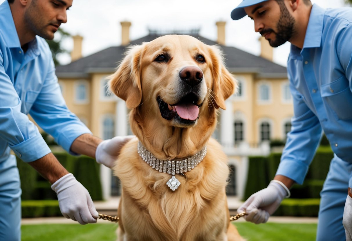 A luxurious mansion with a golden retriever wearing a diamond-studded collar, surrounded by caretakers and expensive dog accessories