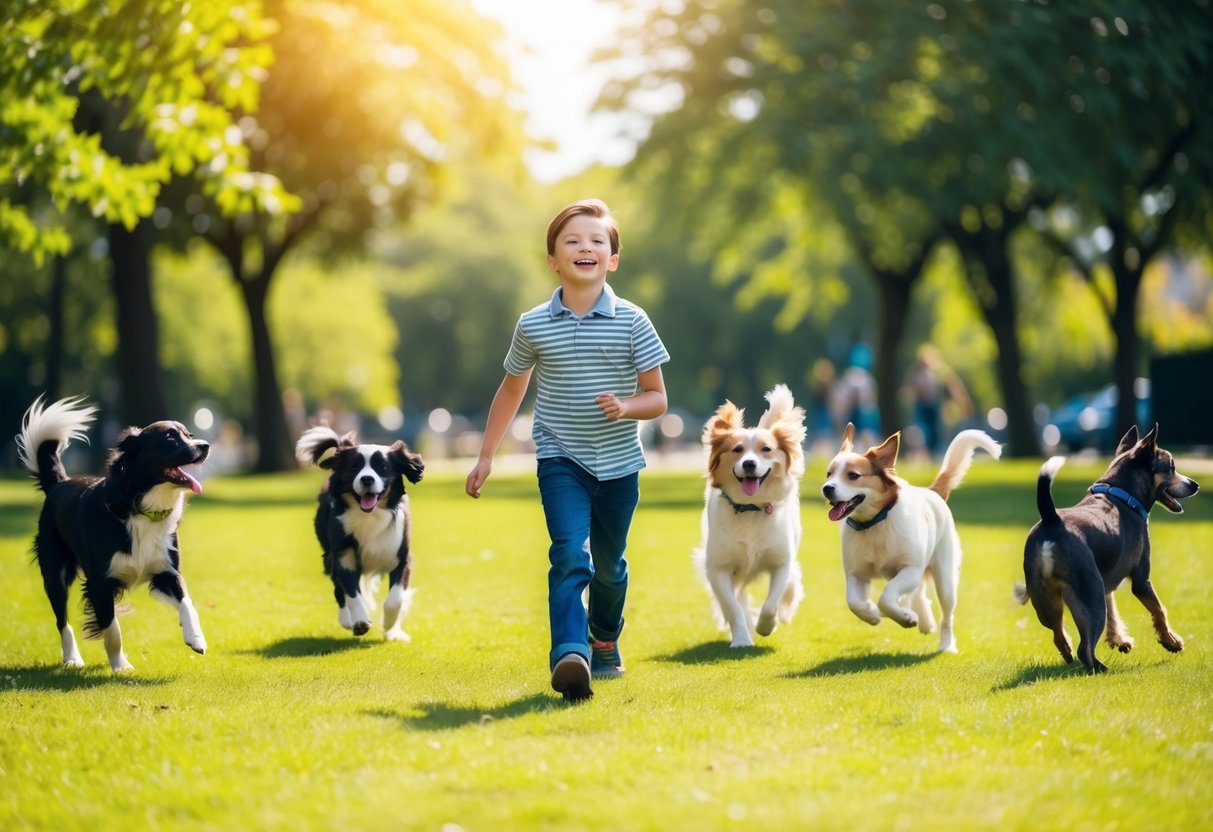 A joyful 11-year-old walks into a sunny park, surrounded by various breeds of dogs playing and wagging their tails
