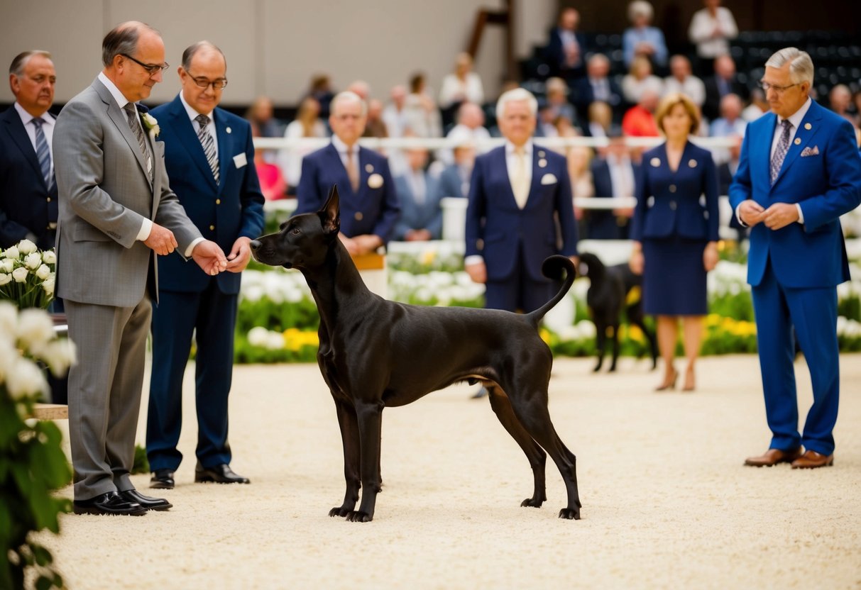 A luxurious dog show with a sleek, well-groomed canine standing proudly as judges and wealthy spectators admire its impeccable form and pedigree