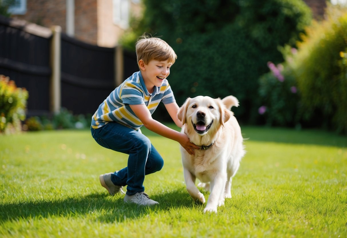A joyful 11-year-old playing with a friendly and gentle dog breed, such as a Golden Retriever or Labrador, in a grassy backyard