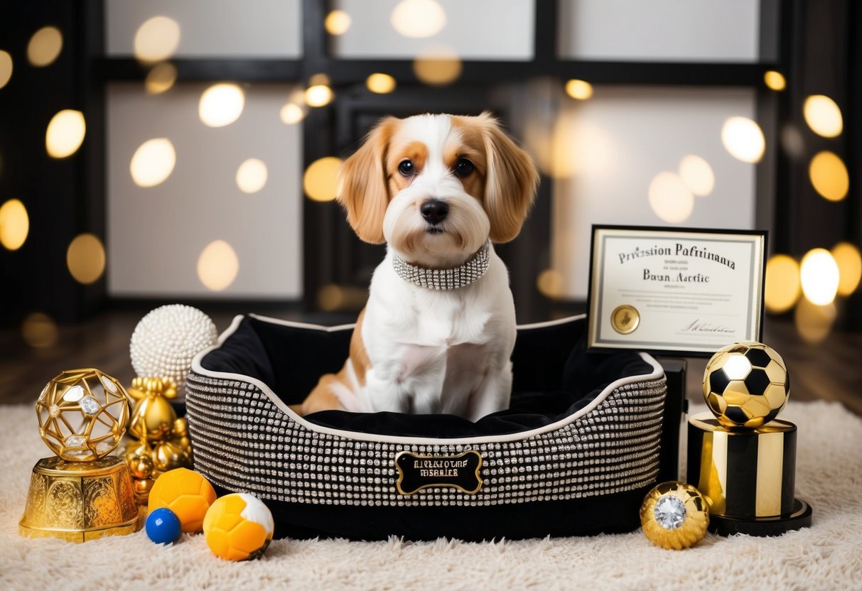 A luxurious dog bed surrounded by expensive toys and accessories, with a diamond-studded collar and a prestigious pedigree certificate displayed prominently